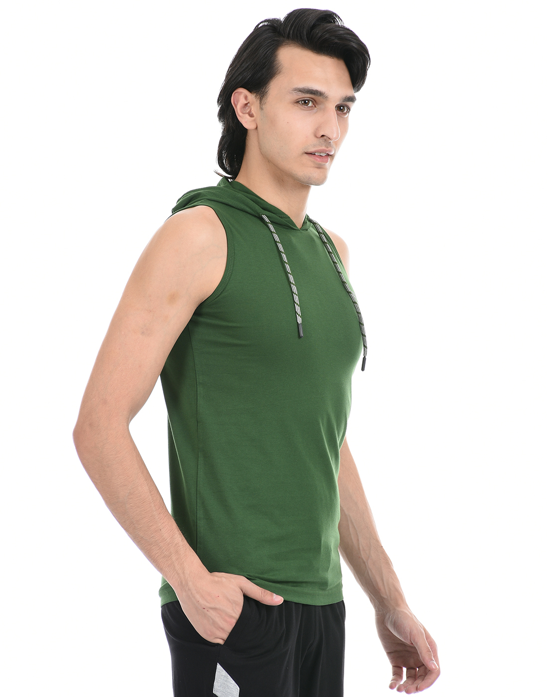 Cloak & Decker by Monte Carlo Men Dark Green Sleeveless Hooded Tshirt